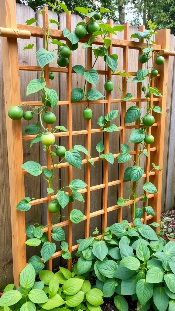 A wooden trellis with green plants and fruit growing on it.