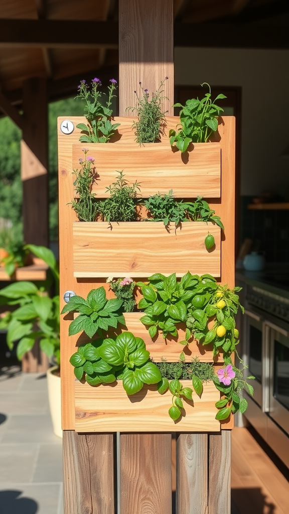 A vertical DIY herb garden planter displaying various herbs.