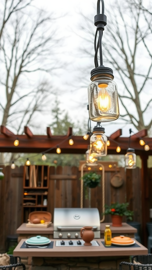 Outdoor kitchen with hanging mason jar lights and a grill