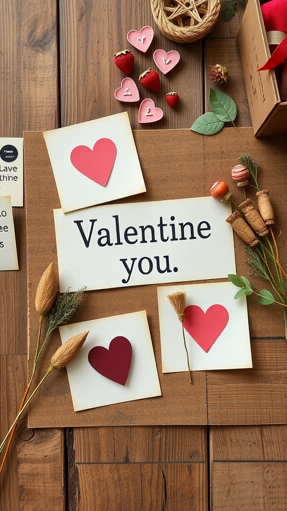 A collection of handmade Valentine cards with hearts, arranged on a wooden surface.