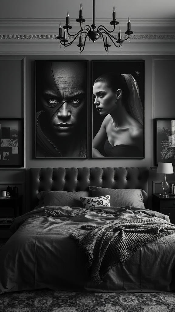 A stylish bedroom featuring dramatic black and white artwork above the bed, showcasing intense portraits of a man and a woman.