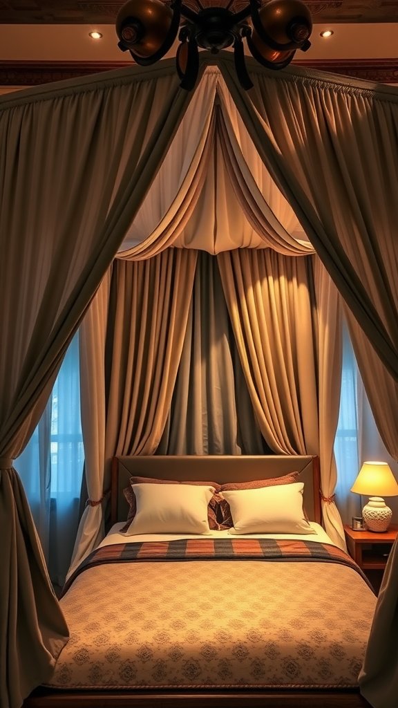 Dramatic canopy bed with soft lighting and elegant drapes