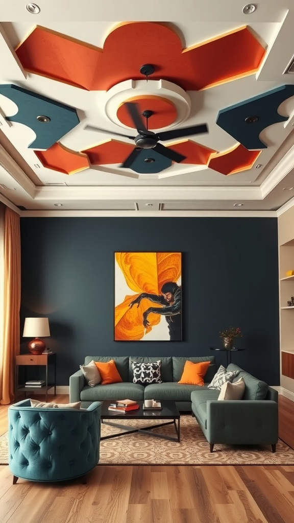 A vibrant living room with a dramatic ceiling design featuring bold colors and shapes.