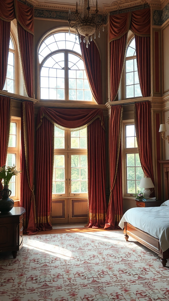 Luxurious master bedroom with dramatic red drapery and elegant decor