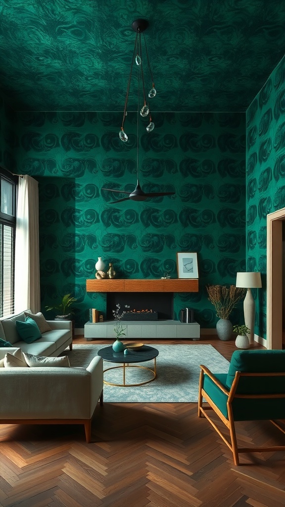 Living room with dramatic green wallpaper and modern furniture.