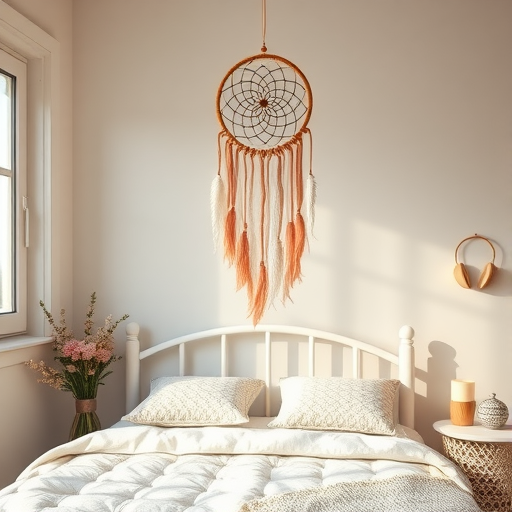 A soft and cozy bedroom featuring a dreamcatcher hanging above a bed with decorative pillows and a wooden tray.