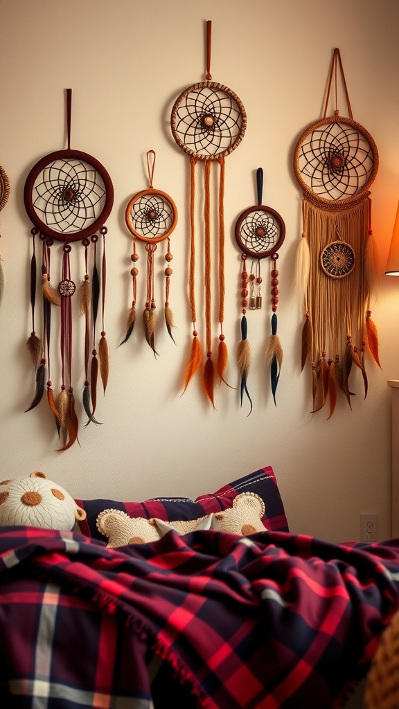 A cozy dorm room featuring colorful dreamcatchers on the wall and a patterned blanket on the bed.