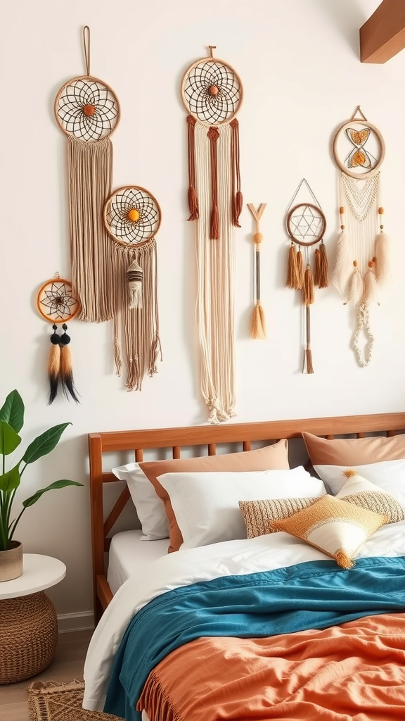 A collection of dreamcatchers and wall hangings displayed on a wall above a bed with colorful bedding.