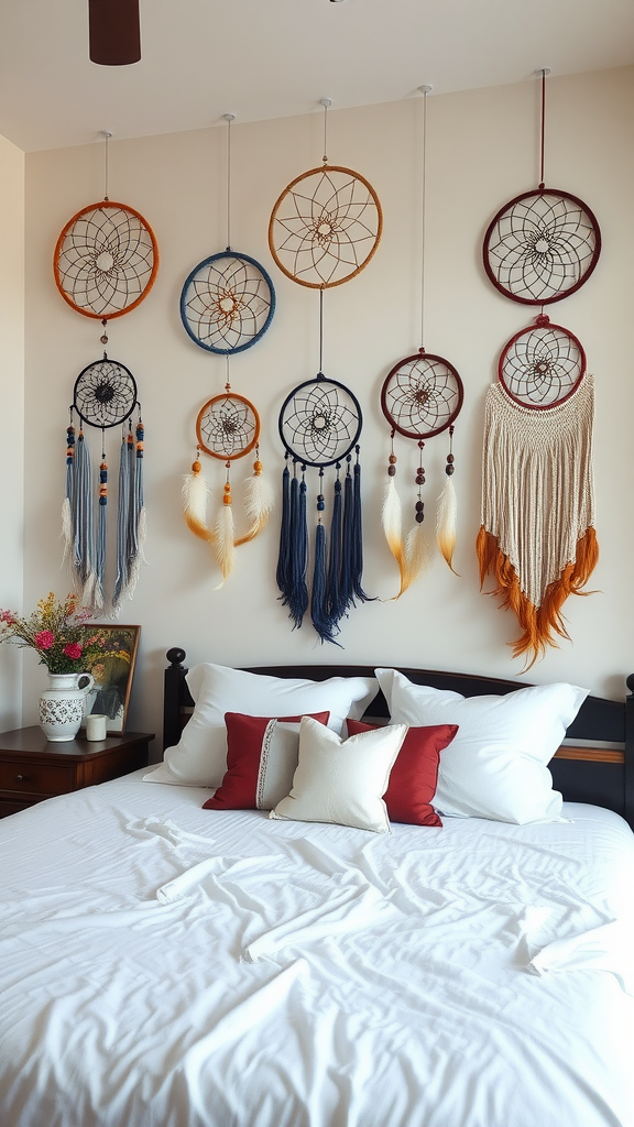 A collection of decorative dreamcatchers hanging on a wall above a bed, showcasing various colors and styles.