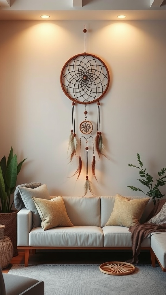 A boho-style living room featuring a large dreamcatcher hanging on the wall above a light-colored sofa with cushions.