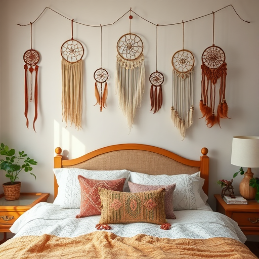 A bohemian-style bedroom featuring a wall adorned with colorful dreamcatchers above a neatly made bed.