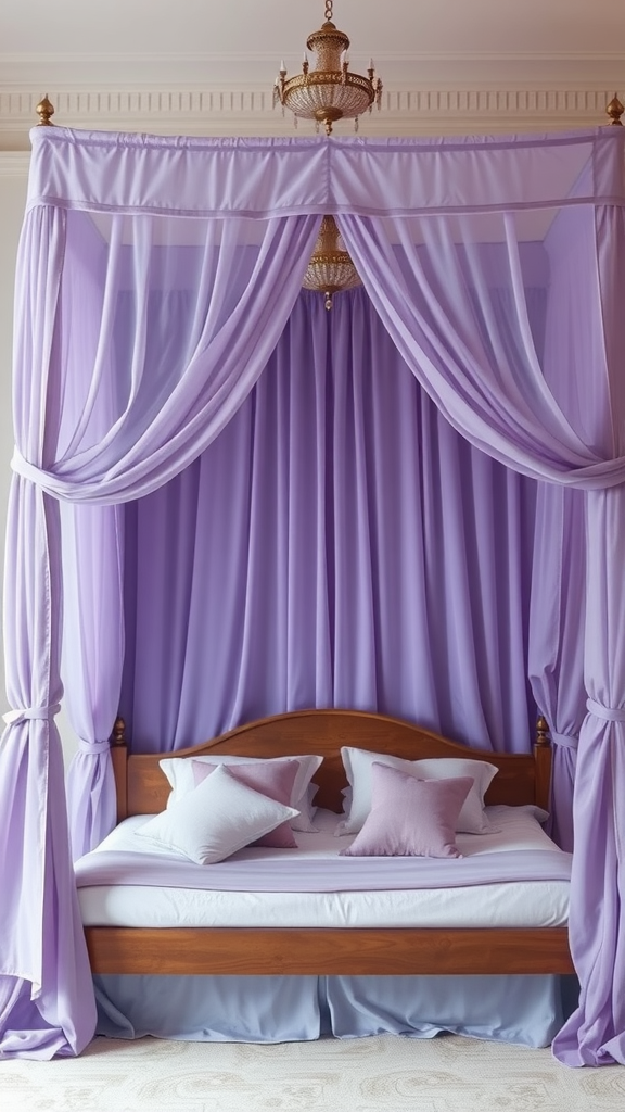 A cozy canopy bed with soft purple drapes and pillows.