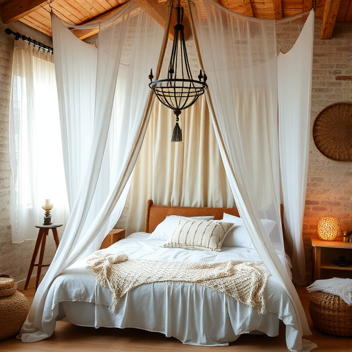 A cozy bedroom with a canopy bed, warm lighting, and soft textures