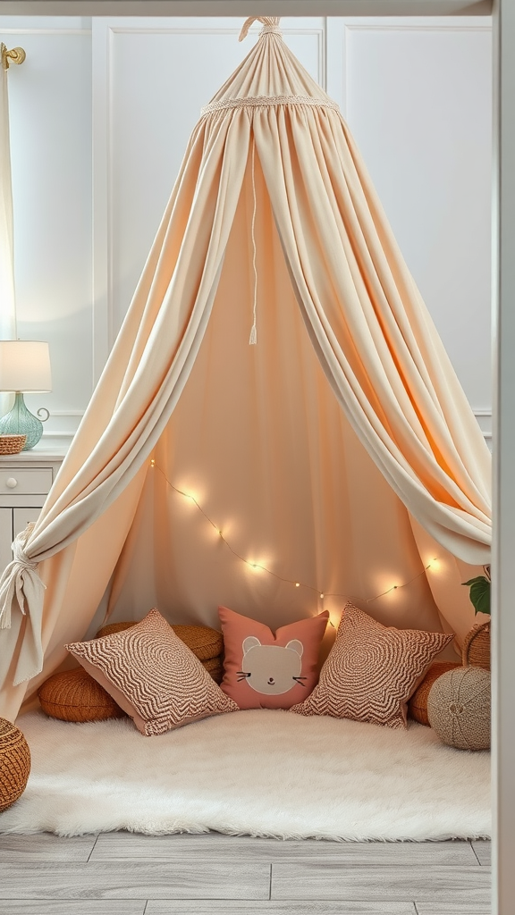 A cozy canopy tent with soft pillows and lights in a playroom.