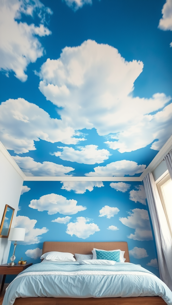 A bedroom with a ceiling painted like a blue sky filled with white clouds.