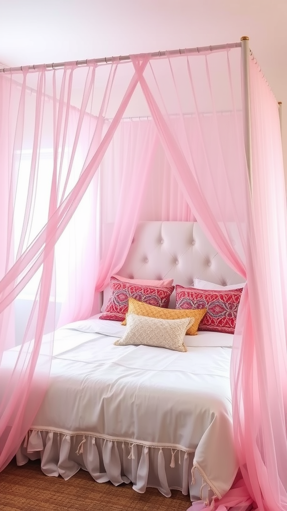 A cozy pink canopy bed with soft drapes and decorative pillows.