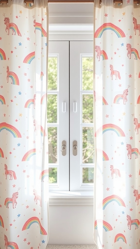 Unicorn and rainbow patterned curtains hanging by a window