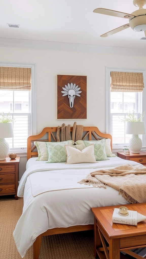 A cozy bedroom with driftwood accents and natural decor.