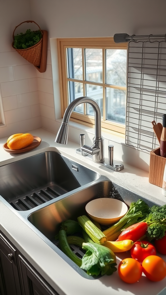 A farmhouse kitchen sink with fresh vegetables and a bowl, showing a dual basin design.