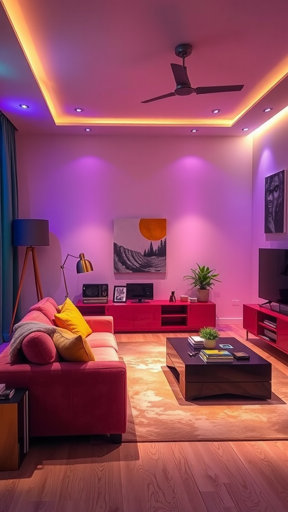 A vibrant living room with colorful lighting effects and modern decor.