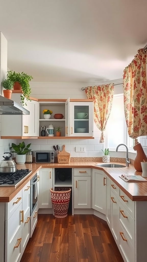 A bright kitchen featuring white cabinets, wooden countertops, and floral curtains.