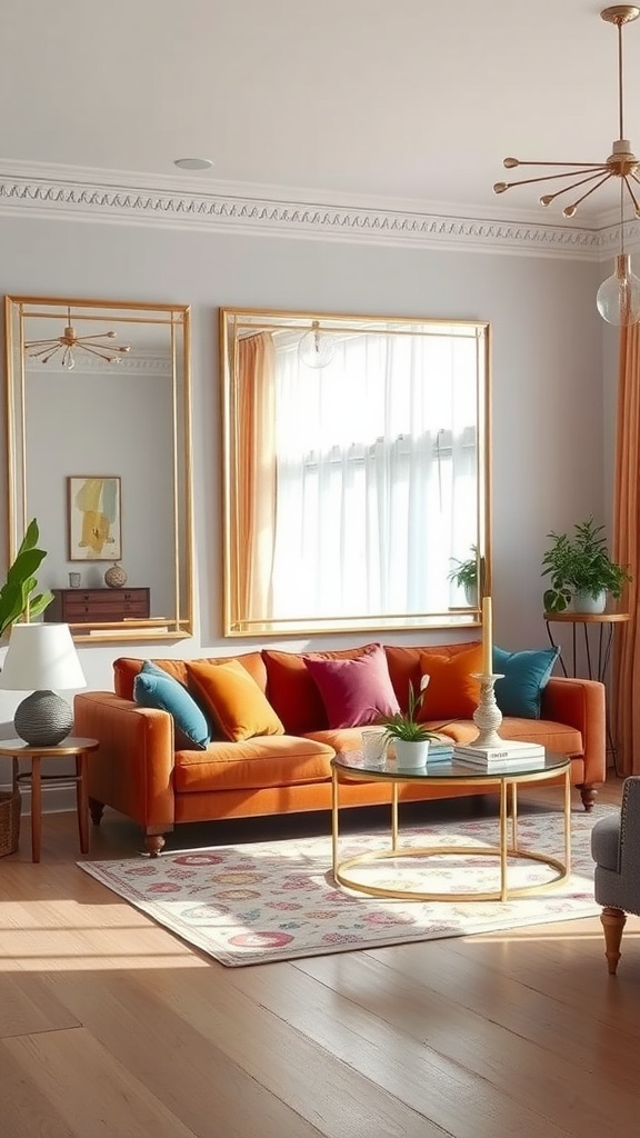 A modern living room with a colorful orange couch, mirrors, and natural light.