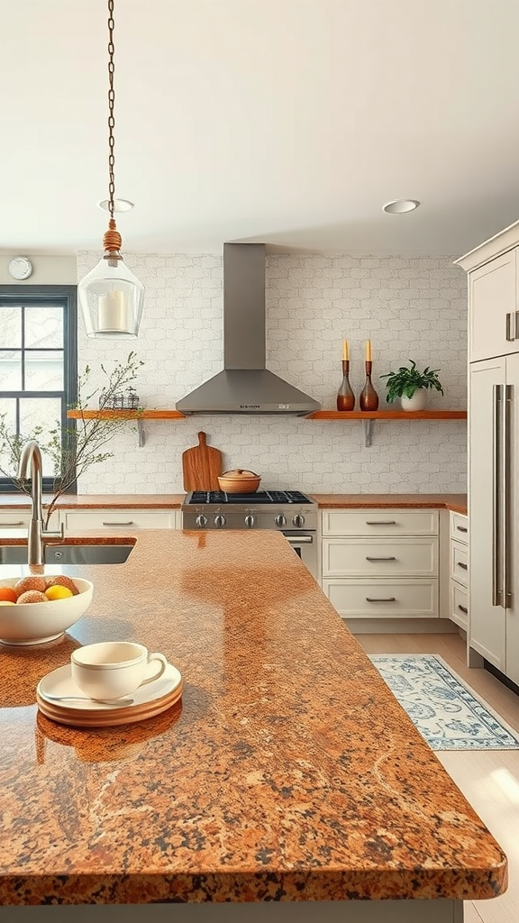 A modern kitchen featuring brown granite countertops, white cabinets, and decorative elements.