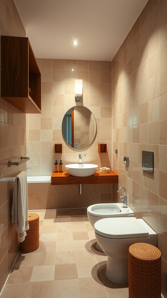 Warm tone bathroom design featuring earthy colors and natural materials.