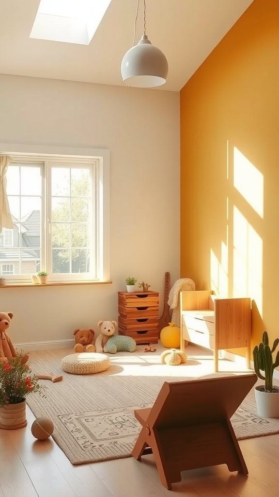 A bright and cozy playroom with an earthy color palette featuring yellow walls, wooden furniture, and soft toys.