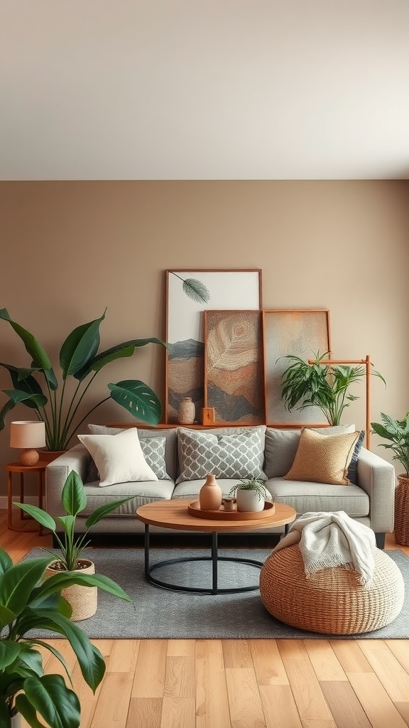 A cozy living room with earthy colors, plants, and natural textures.