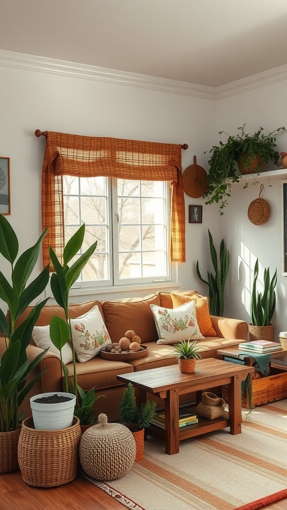 A cozy ranch-style living room with earthy plant decor, featuring a brown couch, various potted plants, and warm lighting.