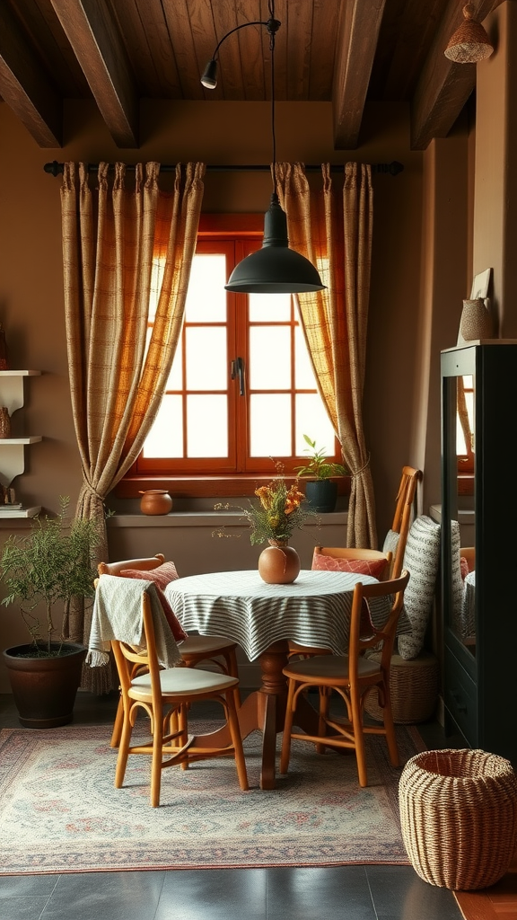 A cozy kitchen corner with earthy textiles and fabrics, featuring a wooden table and warm curtains.