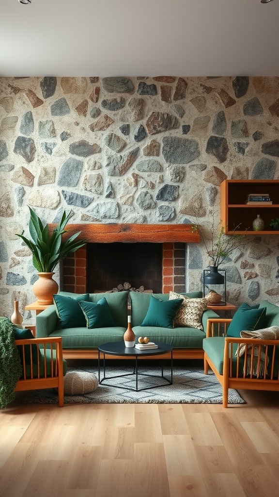 A cozy living room with a stone wall, green accents, and natural textures.