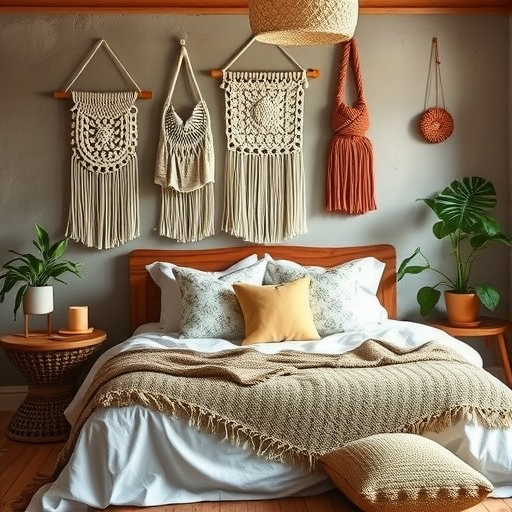 A cozy bedroom featuring macramé wall hangings, warm earthy tones, and plants.