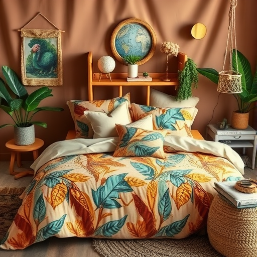 A beautifully styled bedroom featuring earthy tone bedding with animal prints and green plants.