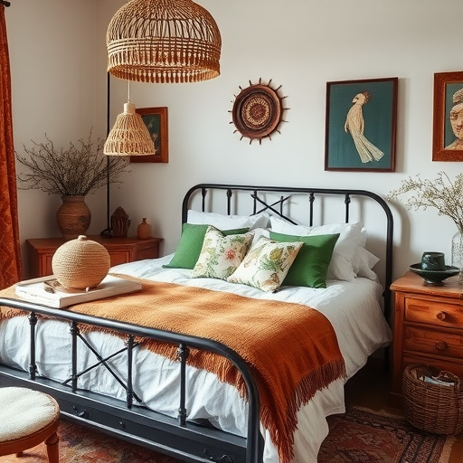 A cozy bedroom featuring earthy tones with an orange blanket, green pillows, and natural wood furniture.