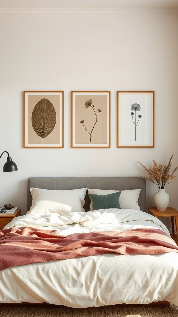 Cozy modern bedroom with neutral decor featuring earthy wall art