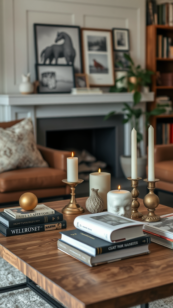 Cozy eclectic coffee table with books, candles, and decorative items.