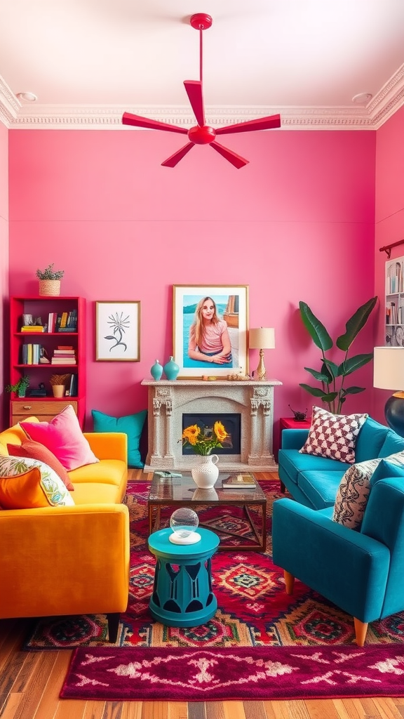 A vibrant living room decorated with eclectic colors, featuring a pink wall, colorful sofas, and a patterned rug.