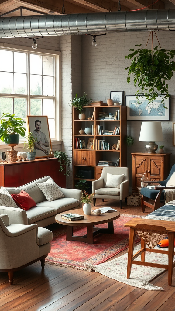 A cozy living room featuring a mix of modern and vintage furniture, colorful decor, and plants.