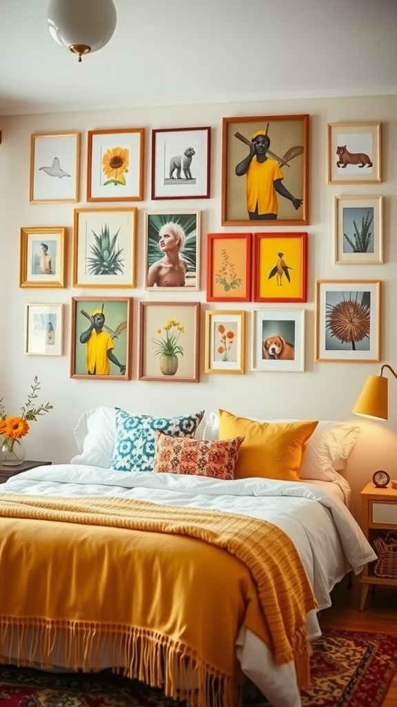 A colorful eclectic gallery wall featuring various artwork, including portraits and nature themes, above a neatly made bed.