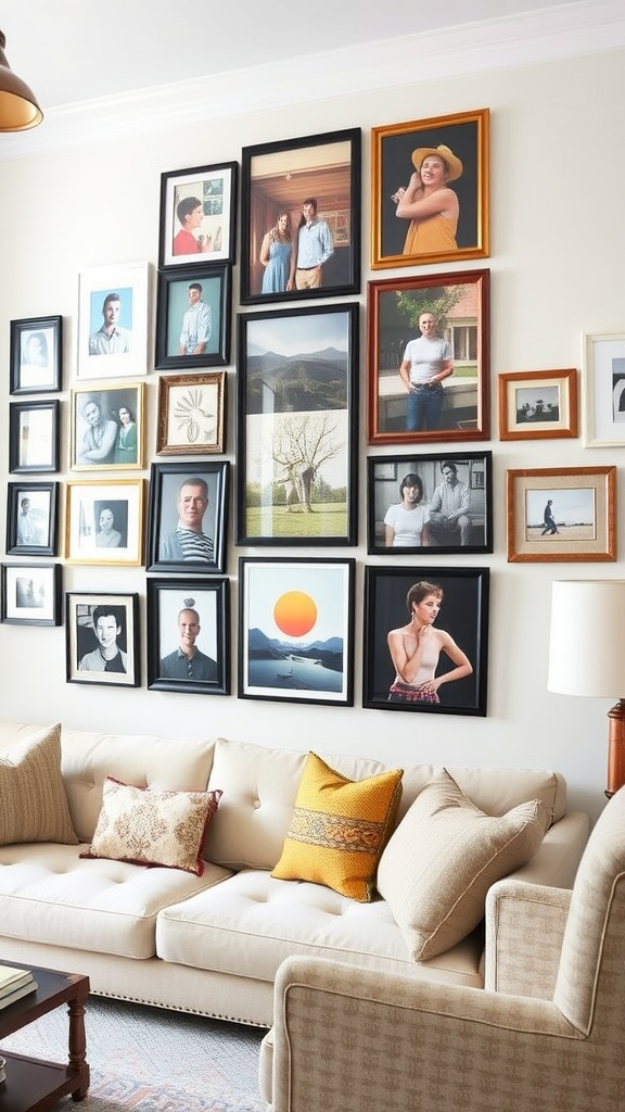 A cozy living room with a large eclectic gallery wall filled with framed photos and artwork.