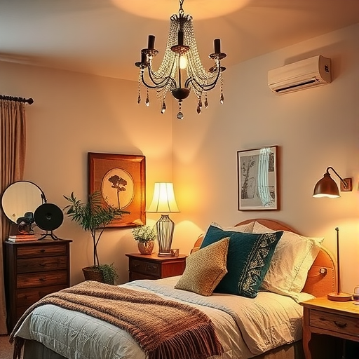 A cozy bedroom featuring eclectic lighting fixtures including a chandelier and a stylish table lamp.