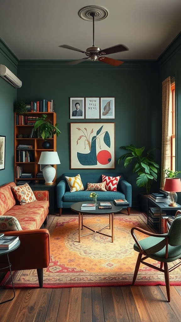 A stylish living room featuring a mix of colorful furniture, a patterned rug, and artistic wall decor.