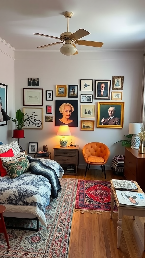 A cozy men's bedroom featuring an eclectic mix of wall art, colorful accents, and a stylish layout.