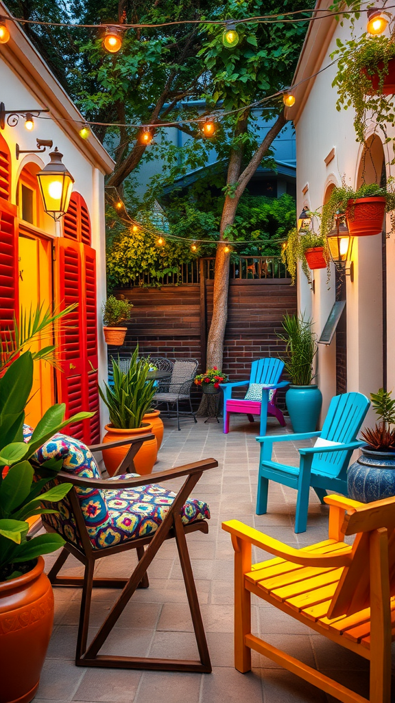 Colorful outdoor seating area with plants and string lights