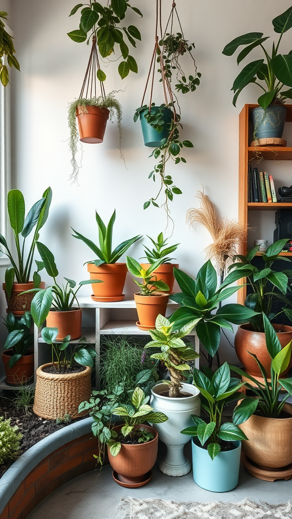 A vibrant display of various indoor plants in different pots, showcasing an eclectic decor style.