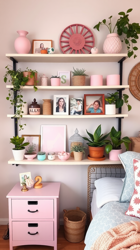 An eclectic shelf decor featuring plants, pink accents, and personal photos.