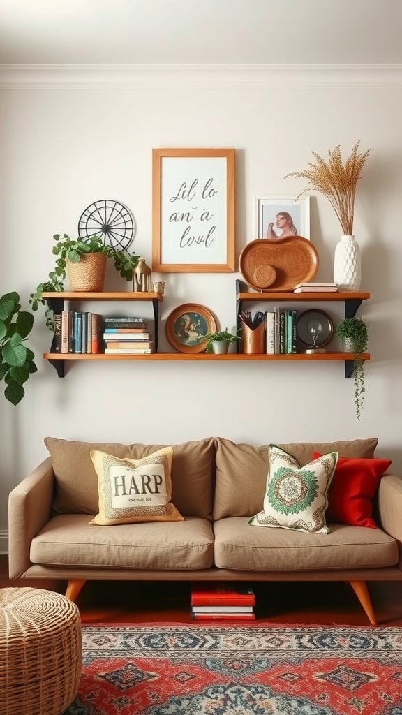 Eclectic shelving with unique decor items and books in a boho living room.