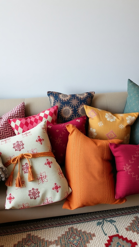 A variety of colorful and patterned throw pillows on a couch